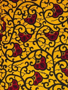 an intricately designed wallpaper with red and black designs on yellow background, in the style of art nouveauism