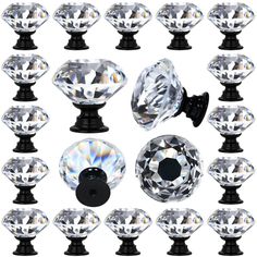 crystal glass door knobs and handles for cabinet doors, set of 12 with black base