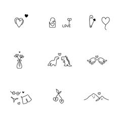 the different types of love stickers are shown in black and white on a white background