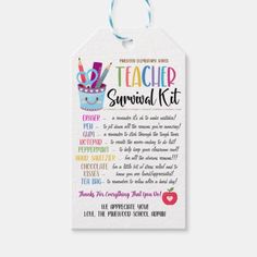 a teacher's survival kit is shown on a white tag with blue ribbon and the words teacup survival kit