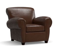 a brown leather chair with nail polishing on the armrests and foot rest