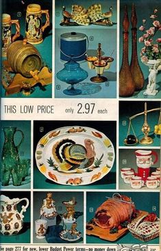 an advertisement for pottery from the 1950's, including vases and other items