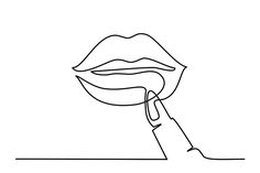 a line drawing of a woman's mouth with her hand holding it up to the side