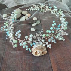 Mermaid style Hair Wreath Pearl Hair Vine Bridal Hair Vine | Etsy Mermaid Style Hair, Wedding Hair Flower Crown, Cosplay Wedding, Siren Aesthetic, Bridal Hair Wreath, Floral Hair Vine, Hair Vine Bridal, Pearl Hair Vine, Boho Flower Crown