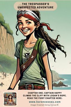 a cartoon girl with long hair wearing a pirate hat and bandana, standing in front of the ocean