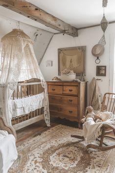 an old fashioned baby's room with rocking chair and crib