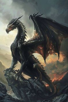 a black dragon sitting on top of a rock