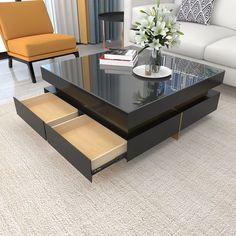 a coffee table with drawers underneath it in a living room