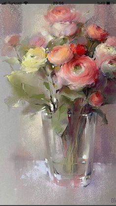 a painting of roses in a glass vase