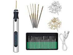 an electric toothbrush, needles, and other items are arranged on a white background