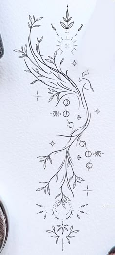 a drawing of a tree with leaves and flowers on it