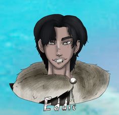 an animated image of a man with black hair and fur collar, standing in front of a blue sky