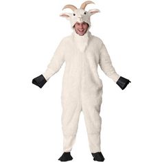 a man in a white sheep costume is standing with his hands out to the side