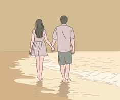 a man and woman walking along the beach holding hands