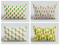 four pillows with cactus designs on them in different colors and sizes, one is pink, the other is green