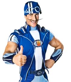 a man in a blue and white costume giving the thumbs up