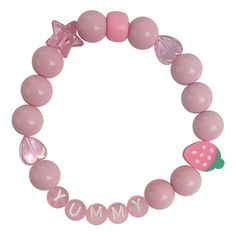 Compliment your look with this delightfully descriptive pop of pink Stretchy letter bracelet with pink gumball beads, iridescent shapes & fruit accents Casual Personalized Pink Beaded Bracelets, Casual Pink Personalized Beaded Bracelets, Playful Pink Charm Bracelet For Birthday, Trendy Pink Jewelry For Birthday, Casual Pink Name Bracelet For Birthday, Cute Pink Jewelry With Letter Beads, Trendy Pink Beaded Charm Bracelet, Personalized Pink Charm Bracelet, Casual Handmade Pink Name Bracelet