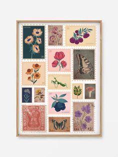 a stamp with flowers and butterflies on it