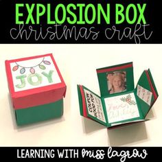 an origami box with christmas cards inside it and the words explosion box on top