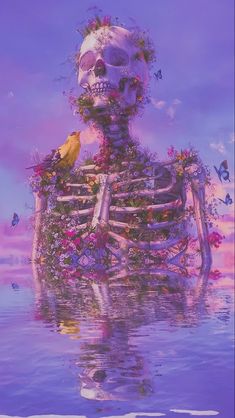 a painting of a skeleton sitting in the water with flowers and birds on it's back