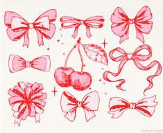 a drawing of bows and cherries on a piece of paper