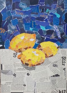 an altered collage of newspaper pages with yellow and blue pieces of paper on them