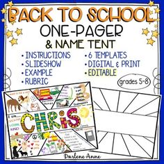 back to school one page and name tent for children's art projects with pictures