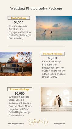 the wedding photography package is shown in this image, and it includes three different images