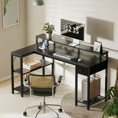 an office desk with a computer monitor and keyboard