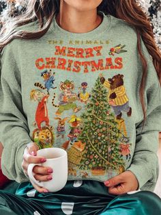 The Animals' Merry Christmas Print Round Neck Long Sleeve Top,Come to wonderclosets to Find your Favorite. Christmas Outfits Aesthetic Vintage, Merry Christmas Y’all, 100% Cotton Clothing Women, Holiday Shopping Outfit, Cute Ugly Christmas Sweater, Christmas Styles, Round Neck Long Sleeve Top, Christmas Print, The Animals