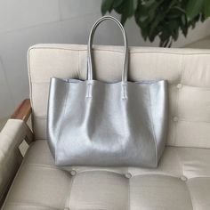 Color: Silver, Size: 51x15x33cm Elegant Large Capacity Satchel, Everyday Silver Soft Leather Bag, Elegant Large Bags With Large Capacity, Elegant Large Bag For Errands, Silver Soft Leather Travel Shoulder Bag, Silver Soft Leather Shoulder Bag For Travel, Leather Silver Satchel For Everyday Use, Modern Large Capacity Bags, Modern Large Capacity Bag