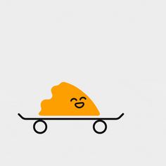 an orange slice of pizza sitting on top of a wheelbarrow with eyes closed