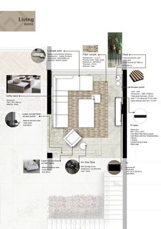 the floor plan for a modern living room with furniture and accessories in white, beige and black