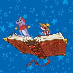 an open book with two cartoon characters on it and stars in the sky behind them