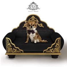 a small dog sitting on top of a black and gold couch with an ornate frame