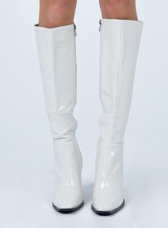 Knee high boots  Princess Polly exclusive  Vegan leather  Flared heel  Squared toe  Zip fastening at side  Man made upper, lining & sole  Heel height: 11cm / 4.33” 70s Boots, Off White Shoes, Fleece Dress, Outerwear Outfit, Winter Boots Women, Long Boots, Fall Shoes, Casual Tank Tops, Tops Fall