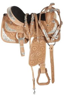 a horse saddle with silver and black accents