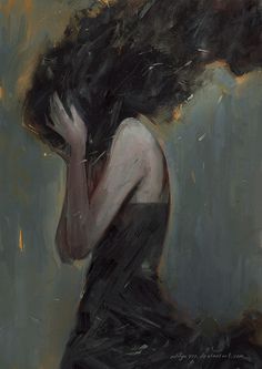 a painting of a woman with her hair blowing in the wind and texting for some odd reason when i spoke to you, my dark cloud wouldn't fully consume me