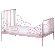 a pink metal bed frame with white sheets and pillows on the bottom, in front of a white background