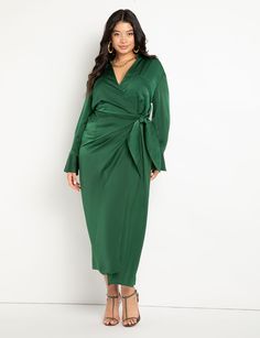 Satin Maxi Wrap Dress | Women's Plus Size Dresses | ELOQUII Plus Size Silk Dress Formal, Dress Wrap Formal, Plus Size Velvet Wrap Dress, Long Sleeve Wrap Dress Plus Size, Wedding Guest Jacket Over Dress Satin, Large Size Dresses Classy, Satin Dresses Plus Size Formal, Satin Dress Styling Plus Size, Elegant Wrap Dress Uk