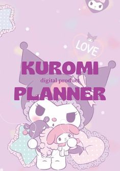 a cartoon character holding a stuffed animal in front of a purple background with the words kuromi product planner