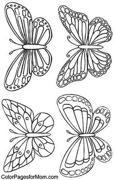 four butterflies that are drawn in black and white