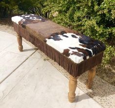 Cowboy Western Decor Padded Genuine Leather and Cowhide Farmhouse Entryway Bench with Fringe 46"x20" Western Entryway, Farmhouse Entryway Bench, Cowhide Upholstery, Cowhide Bench, Cowhide Decor, Cowhide Furniture, Coordinates Decor, Decor Pad, Western Bedroom