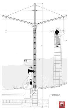 a drawing of a man standing on top of a tall tower next to a fire hydrant