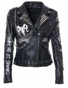 Woman Punk Black Metal Studded Punk Cowhide Leather Jacket, Woman's Biker Jacket #Handmade #BikerJacket Punk Leather Jacket, Punk Mode, Punk Jacket, Studded Leather Jacket, Battle Jacket, Black Punks, Studded Jacket, Rock Punk, Estilo Punk