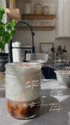 the contents of a jar sitting on top of a kitchen counter next to a potted plant