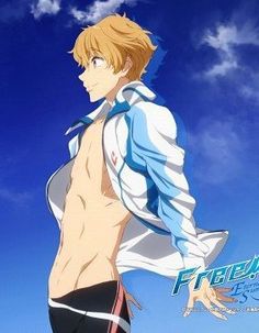 an anime character with no shirt on standing in front of a blue sky and clouds