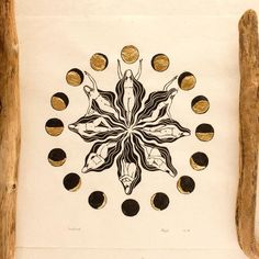 a drawing on paper with gold and black circles in the shape of a sunflower