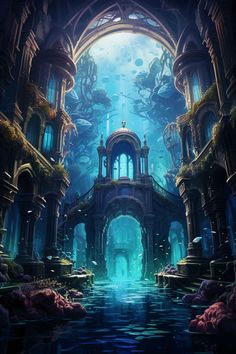 an underwater city with lots of trees and plants