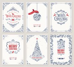 a set of nine christmas cards with ornaments and snowflakes in red, white and blue